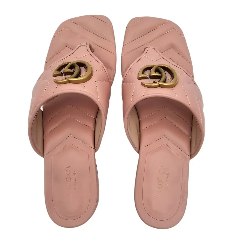 Gucci GG Marmont Flat Thong Sandal Pink Quilted Leather Gold Square Size 37 US 7